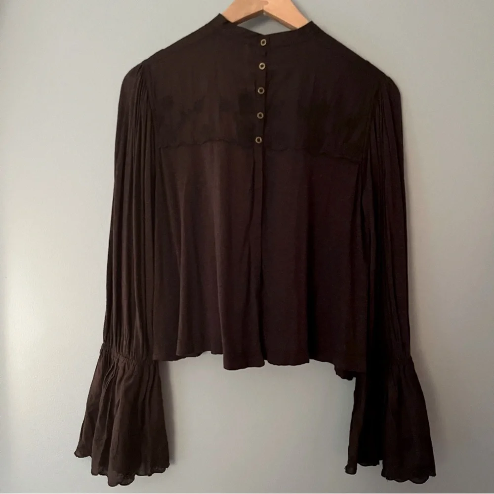 FREE PEOPLE Boho Femme Fatale Embroidered Long Sleeve Top - Anthracite